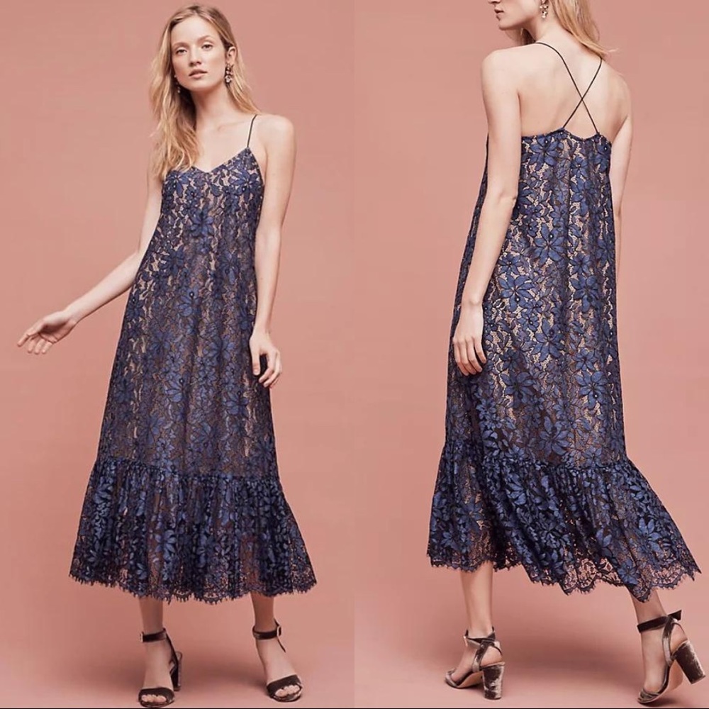 NWT Anthropologie Moulinette Soeurs Blue Celestial Lace Maxi Dress Size 2